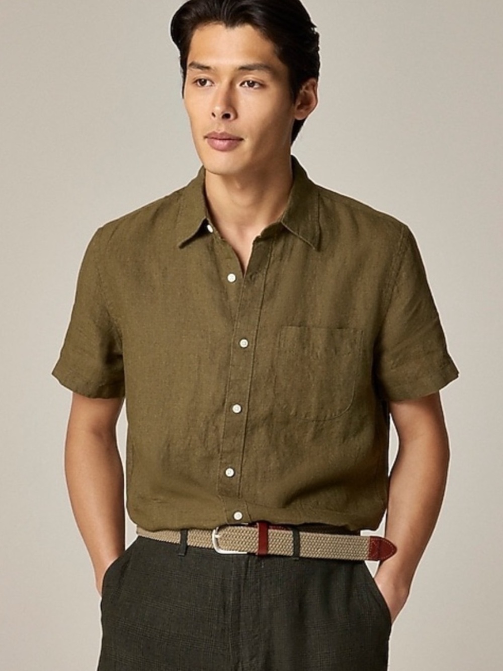 J. Crew Classic Short-Sleeve Linen Point-Collar Shirt Green Coastal Minimalist